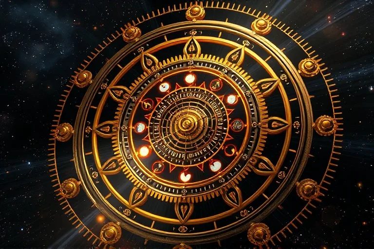 Conceptual 3D render of abstract celestial mechanics, interlocking gears and glowing planetary symbols within a cosmic clockwork mechanism.
