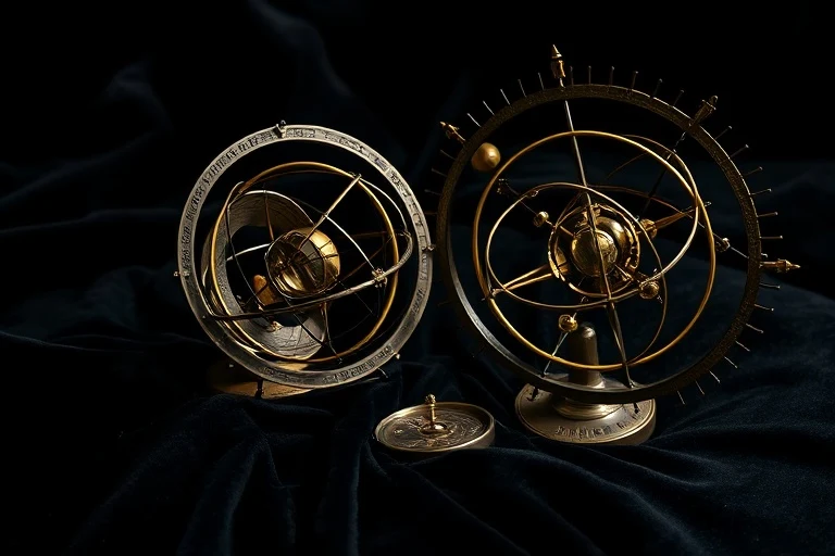 Intricate bronze planetary models on dark velvet, symbolizing ancient astrological craftsmanship.