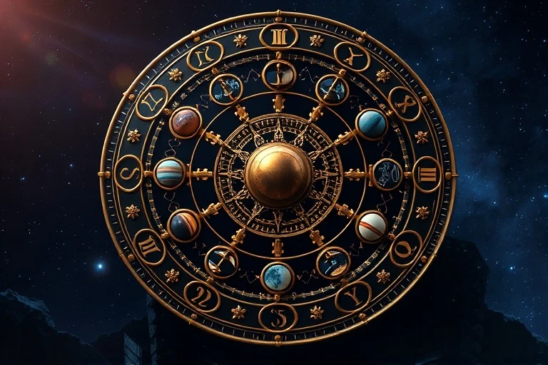 Stylized cosmic clockwork zodiac wheel with gears and celestial bodies, in deep blues and golds.