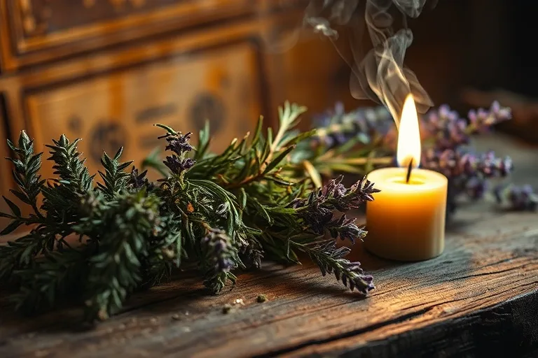Macro still life of dried mugwort, rosemary, and lavender on a wooden altar with a candle