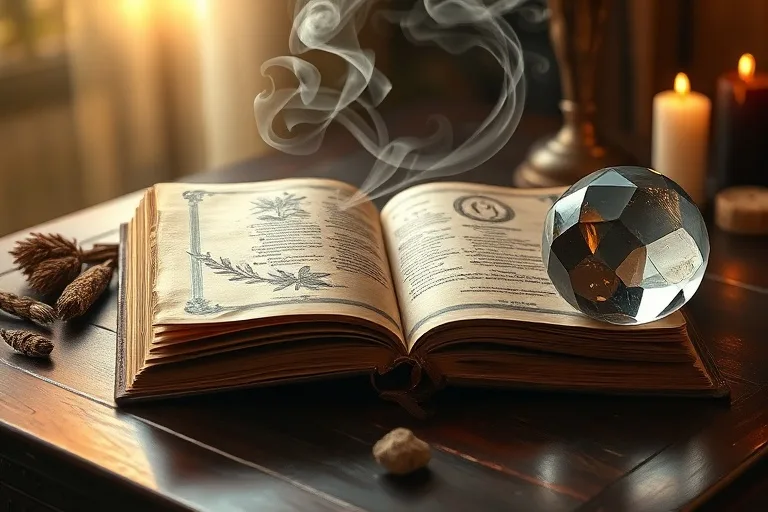 Oil painting of an antique book, Palo Santo smoke, and a crystal sphere