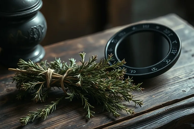 Cinematic still life photography of dried rosemary and rue bundles on a weathered wooden table, next to a dark obsidian scrying mirror, lit by dramatic chiaroscuro.