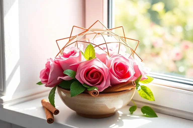 Watercolor painting of pink roses, cinnamon sticks, and fresh mint leaves in a ceramic bowl on a sunlit windowsill, with soft, diffused light.