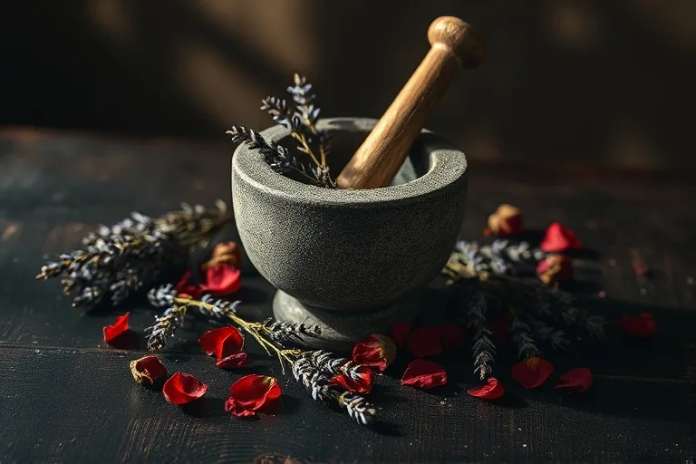 Antique wooden table with dried lavender, rose petals, and a mortar and pestle, symbolizing traditional herbal magic tools and ingredients.