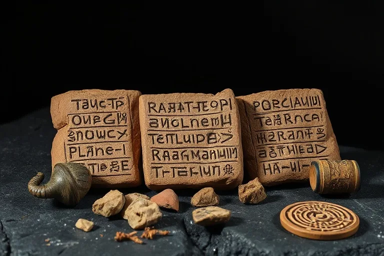 Cinematic still life photography of weathered cuneiform tablets on a dark stone surface, surrounded by ancient Mesopotamian artifacts.