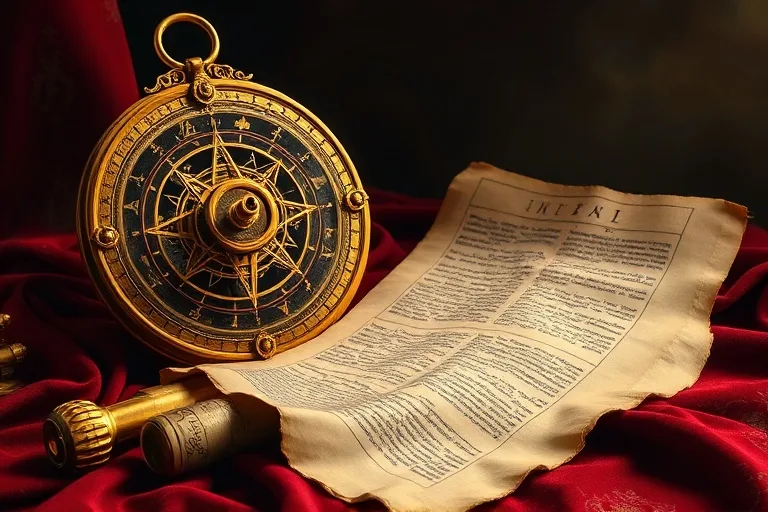Oil painting of a meticulously crafted brass astrolabe and an open papyrus scroll with Greek script, placed on a rich velvet cloth.