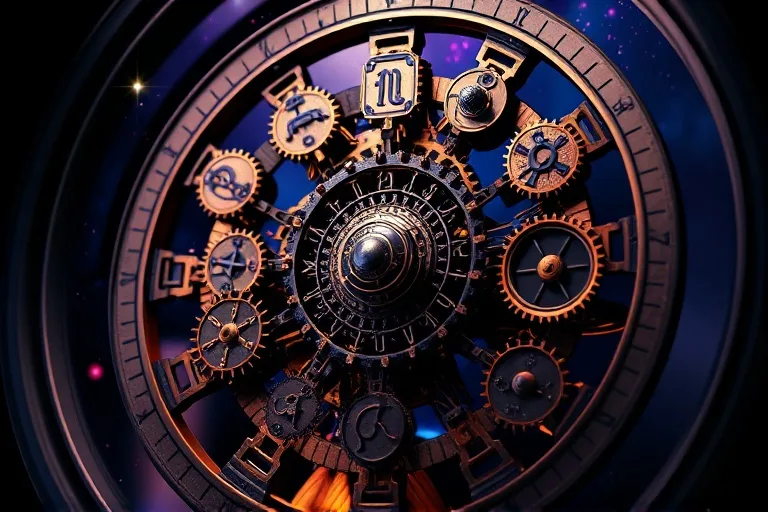 3D render of a stylized clockwork mechanism representing astrological aspects.