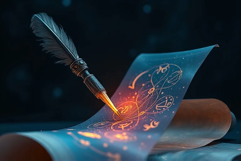 Conceptual art of a quill writing astrological symbols on an ethereal scroll.