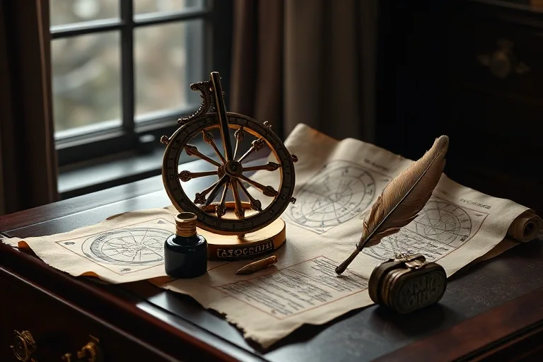 An antique brass astrolabe resting on a mahogany desk, surrounded by aged parchment scrolls with astrological symbols and a quill pen. The scene is illuminated by moonlight, creating deep shadows and highlighting rich textures, conveying ancient wisdom and precise calculation.