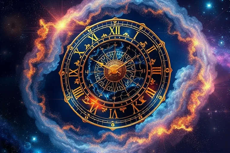 3D digital illustration of a stylized clock with astrological symbols, surrounded by cosmic dust, representing the precise moment of a horary question.