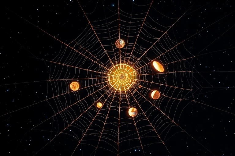 Conceptual art of a glowing spiderweb with planetary symbols at intersections, symbolizing interconnectedness and precise astrological influences.