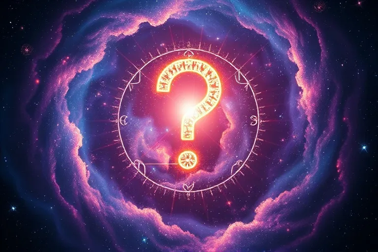 Conceptual art of an illuminated question mark emerging from a cosmic nebula, surrounded by abstract astrological glyphs, symbolizing the profound answers horary astrology can provide.