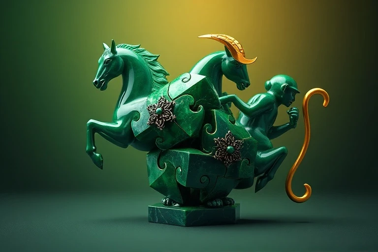 A 3D rendered geometric puzzle with pieces representing a horse, goat, and monkey, made of jade and gold, fitting together harmoniously.
