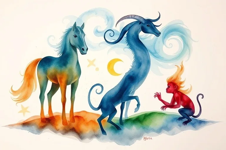 A watercolor painting of an abstract landscape showing silhouettes of a horse, goat, and monkey blending with elements of wind, earth, and fire.