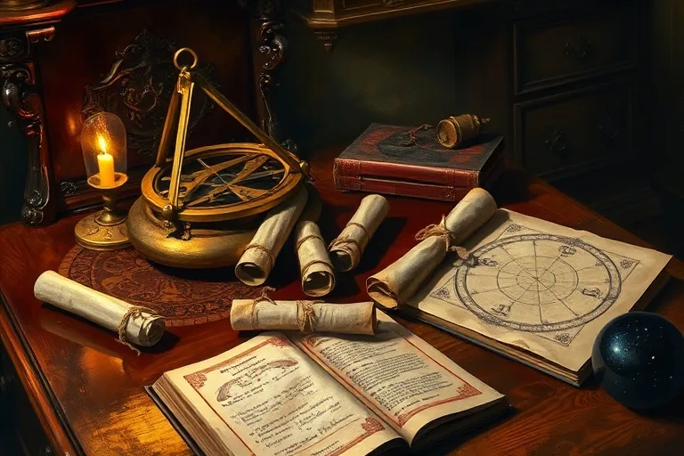 Antique astrological desk with astrolabe and scrolls