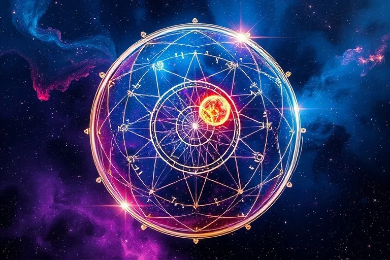 Abstract birth chart with glowing lines and cosmic elements