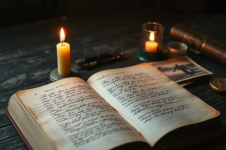 Cinematic still life of an antique, leather-bound journal open to faded handwritten entries, resting on a weathered wooden desk beside a single, flickering candle and old photographs