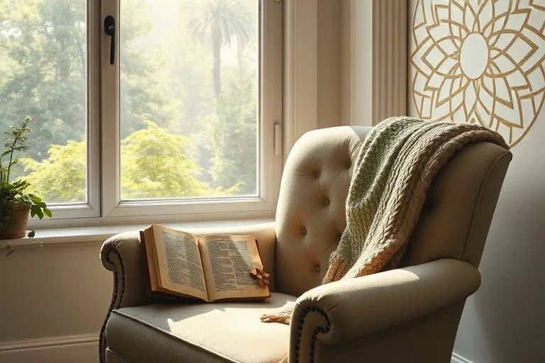 Oil painting of a serene, empty armchair by a window overlooking a tranquil garden, with a hand-knitted blanket and a half-read book, symbolizing comfort and introspection