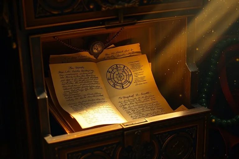Cinematic still life of an antique wooden chest, slightly open, revealing faded letters and ethereal light. Dust motes float in the air.