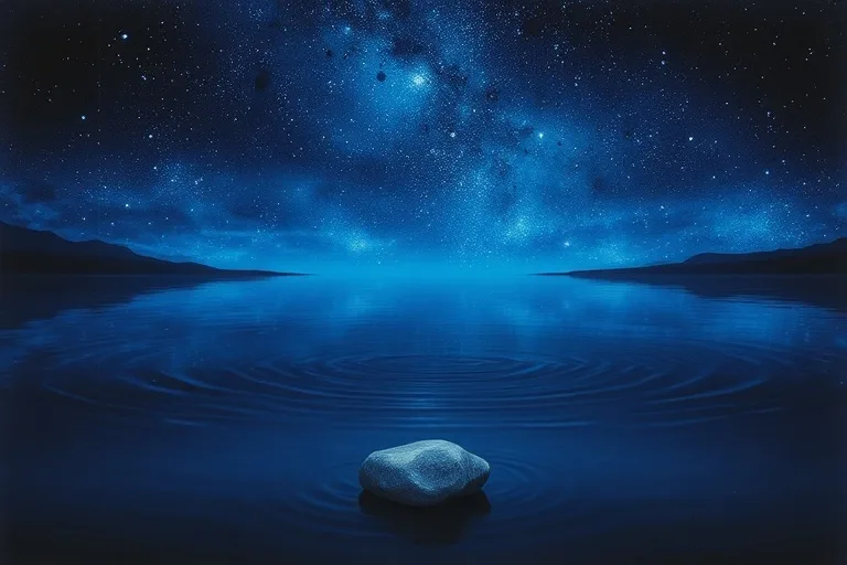 Oil painting of a calm, deep blue lake reflecting a starry night sky, with ripples and a single polished river stone on the shore.