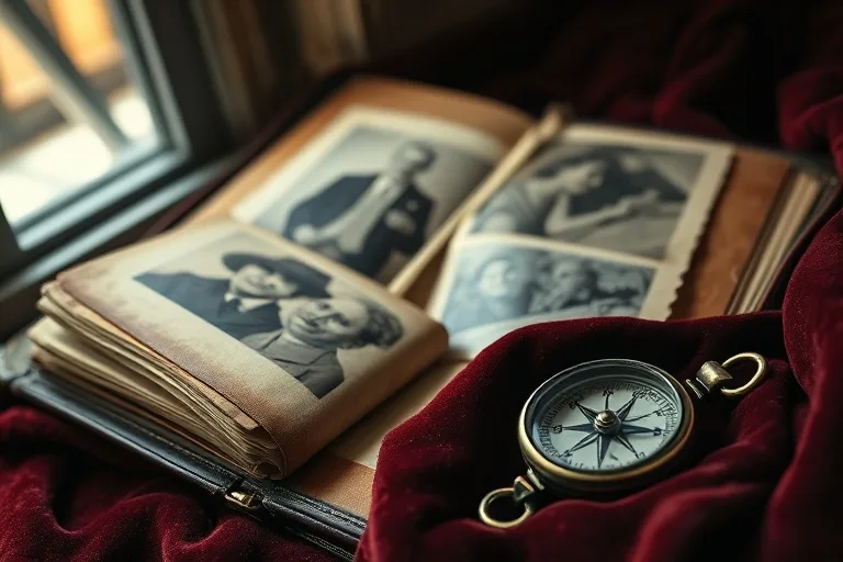 Antique family heirlooms on velvet, worn photo album, vintage locket, old compass, subtle window light, rich textures