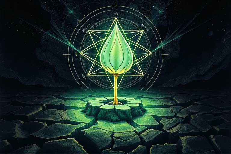Stylized glowing seed sprouting from cracked earth, surrounded by geometric patterns, vibrant greens and blues, dark contemplative background, abstract and spiritual