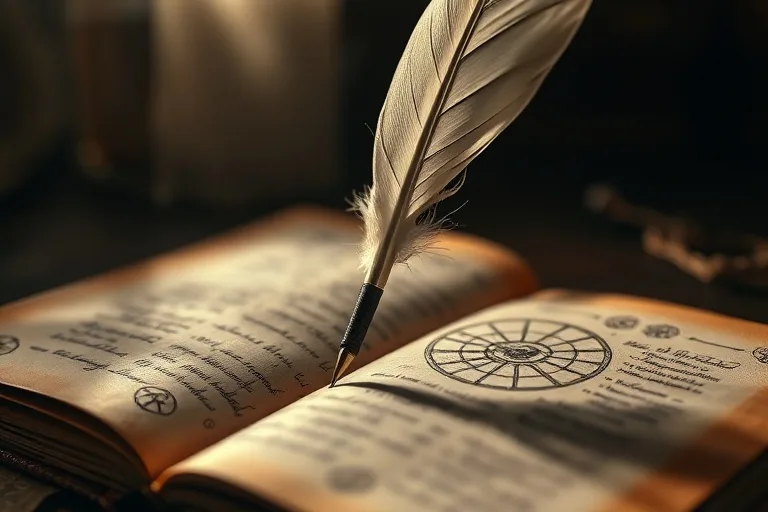 An extreme close-up macro photograph of an antique quill pen poised over an open, aged leather journal, with faded ink script visible. The scene is softly lit, emphasizing texture and a sense of quiet contemplation.