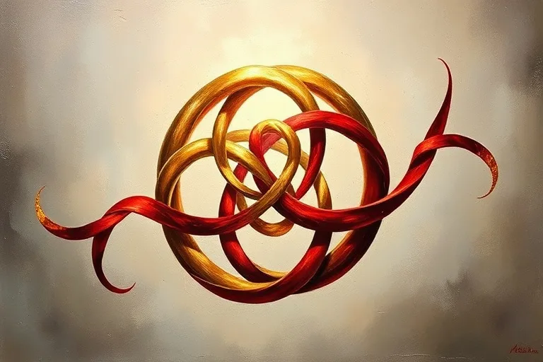 An abstract oil painting featuring two intertwined ribbons, one golden and one deep red, forming complex knots and elegant loops against a subtle, textured background. The brushstrokes are visible, adding depth and movement to the composition.