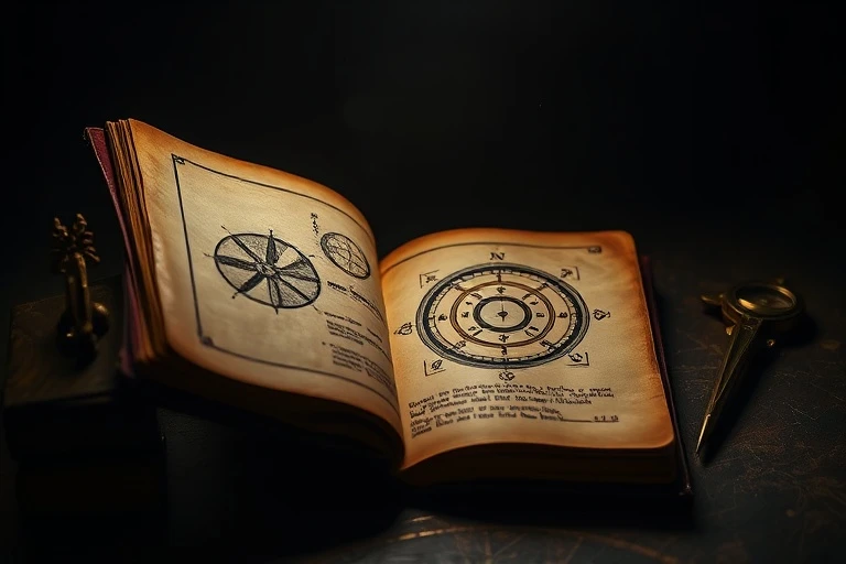 Still life of an antique astrology book and compass, evoking hidden truths