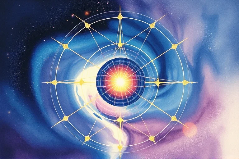 Abstract watercolor painting of swirling colors with intersecting lines and two merging orbs