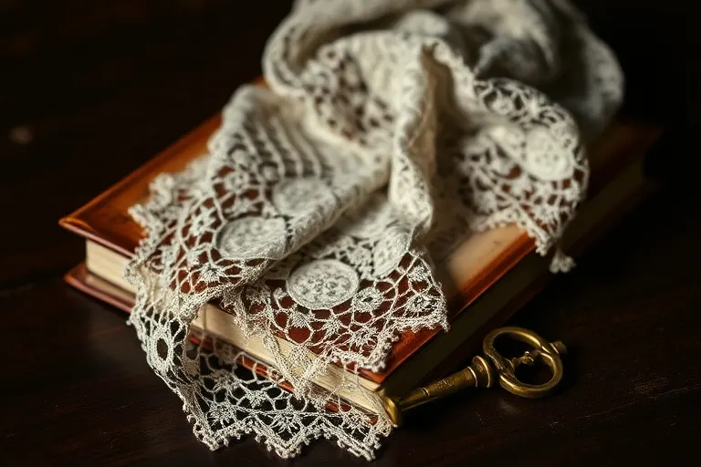 Cinematic still life photography of a vintage, leather-bound journal with faded ink, partially obscured by a delicate, antique lace cloth. A single, ornate key lies beside it, hinting at unlocking secrets. Soft, dramatic chiaroscuro lighting. Focus on textures and depth of field. No human figures or faces.