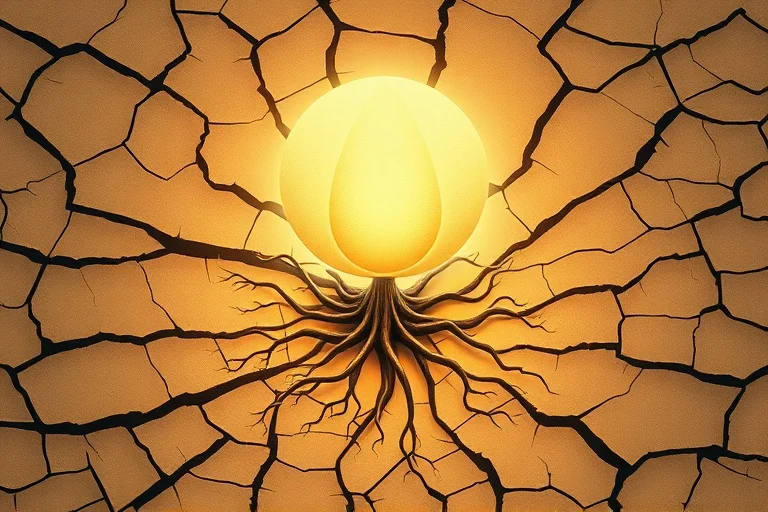 3D isometric render of a vibrant, glowing seed pushing through cracked earth, surrounded by intricate, root-like patterns that reach towards a distant, soft light. The seed symbolizes untapped potential and growth. Clean, minimalist aesthetic with rich, earthy tones contrasting with bright, ethereal light. No human figures.