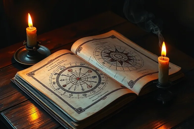 Cinematic still life of an antique astrology book and candle