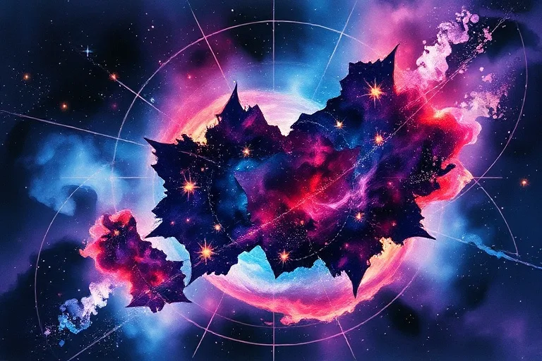 Abstract watercolor painting of a fragmented celestial sphere
