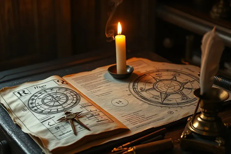 Cinematic still life of ancient astrological texts and charts, partially unfurled, resting on a weathered wooden desk. A single, flickering candle illuminates a compass and a delicate, hand-drawn diagram illustrating elemental symbols, evoking historical wisdom and deep study.