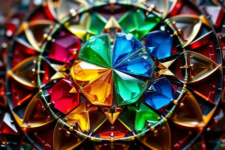 Abstract conceptual art, a fractured mosaic of polished gemstones (ruby, emerald, sapphire, topaz) arranged in a circular pattern, each representing an astrological element. The pieces are subtly connected by fine, glowing threads of light, symbolizing intricate energetic pathways and the delicate balance of elemental forces.
