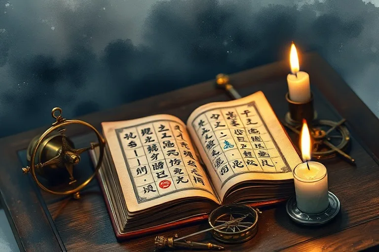 Antique I Ching book and astrological compasses on a wooden desk with a flickering candle