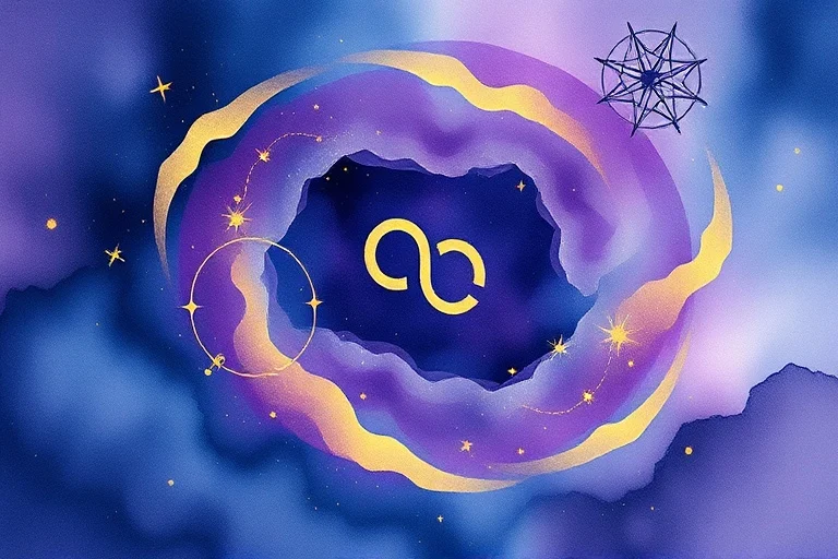 Abstract watercolor painting of cosmic energy with subtle I Ching trigrams and astrological glyphs