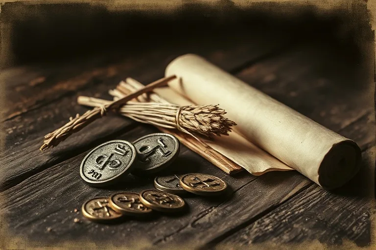 Vintage photograph of I Ching coins, yarrow stalks, and an ancient scroll on a wooden table.