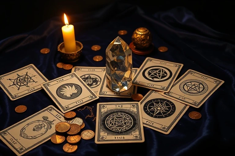 Cinematic still life of Tarot cards spread on velvet, illuminated by a candle and crystal.