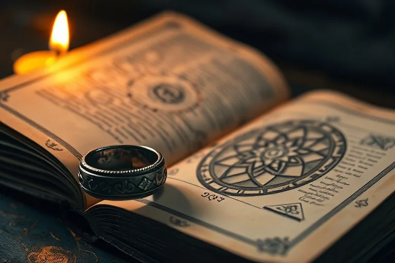 Macro photography of an antique silver wedding band next to an open book with geometric patterns and a flickering candle, symbolizing commitment and wisdom.