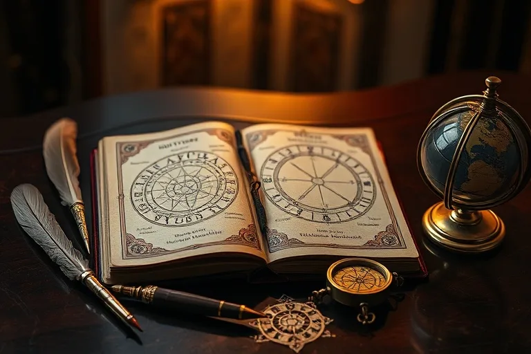 Aged leather-bound astrology journal with quill pens, compass, and globe on a mahogany desk.