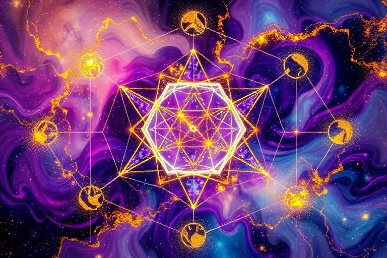 Abstract art of glowing geometric shapes forming an expanding network against a nebula background.