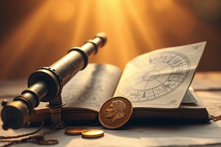 Cinematic still life of a vintage telescope, astrology book, and golden coin.