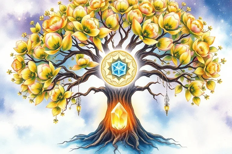 Watercolor painting of a blooming tree with roots connected to a glowing crystal, symbolizing wisdom and growth.