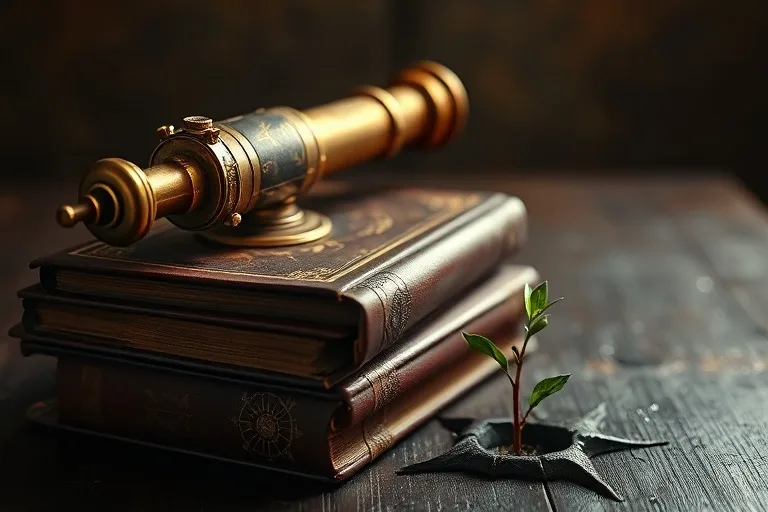 Cinematic Still Life: An antique brass telescope on leather-bound astrological texts with a green sprout.