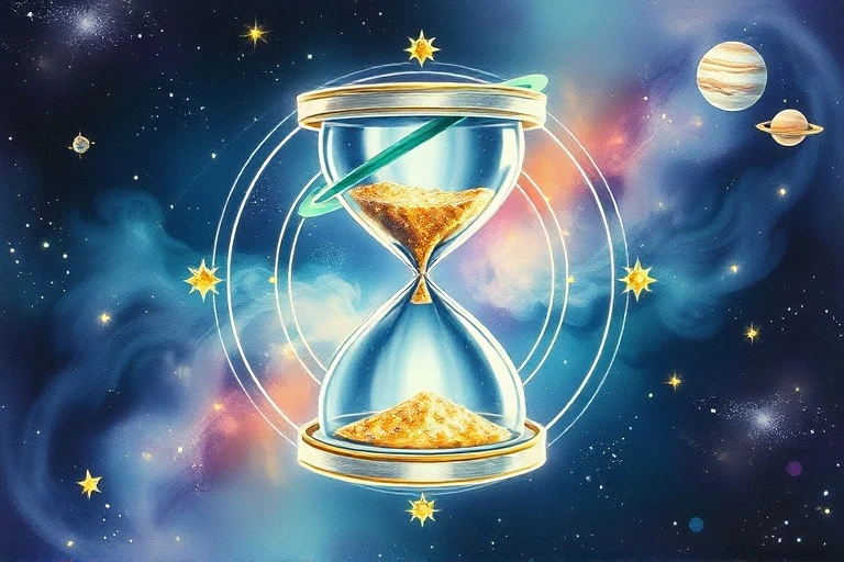 Watercolor Painting of an ethereal hourglass surrounded by cyclical planetary orbits and cosmic dust.