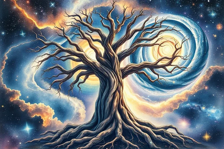 Watercolor painting of an ancient tree with roots in a cosmic nebula and branches reaching for a galaxy, symbolizing spiritual growth and past/future connections.