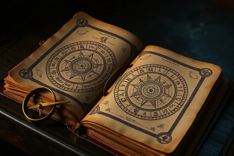 Still life photo of an antique journal with astrological charts and a compass, symbolizing karmic lessons and guidance.