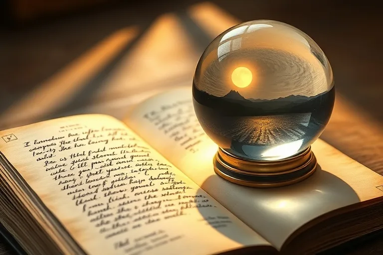 Vintage journal with handwritten affirmations and a crystal ball reflecting a hopeful future.